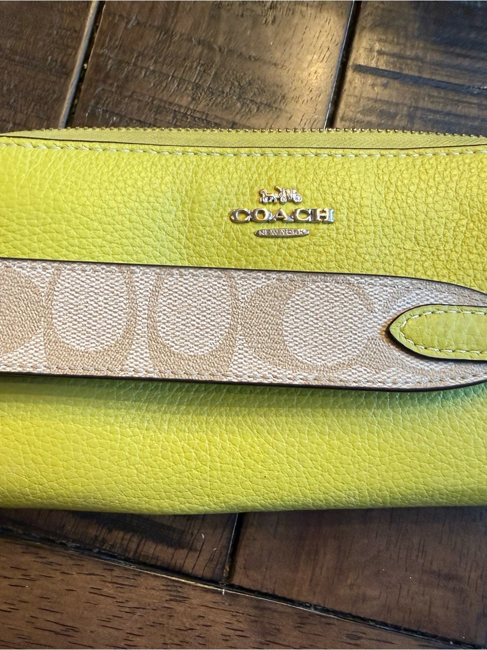 Coach Bright Yellow Leather Wristlet with Signature Canvas Accent